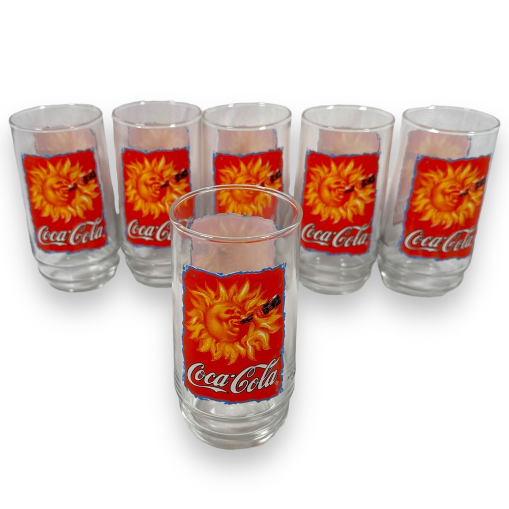 Vintage Coca Cola Sun‎ Drinking Glass Set of 6 Soda Glasses Advertising Red 1995
